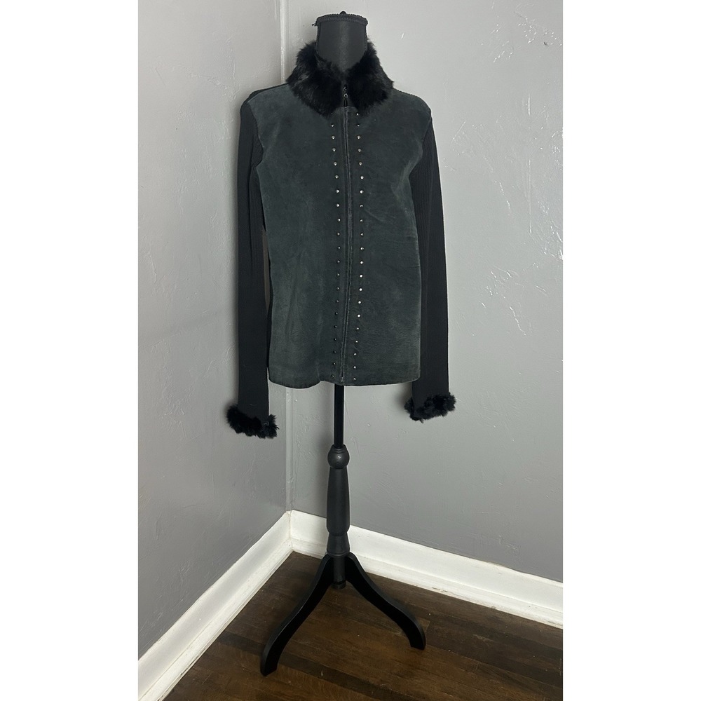 Vintage Willi Smith Black Suede Jacket Rabbit Fur Trim SizeL winter old money